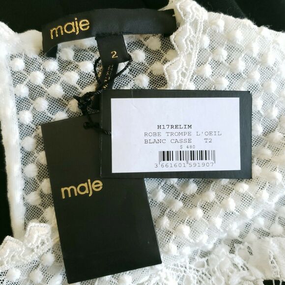 MAJE Relim Optic Illusion long sleeve lace crewneck dress black ivory Sz 2 M NEW - Picture 8 of 11